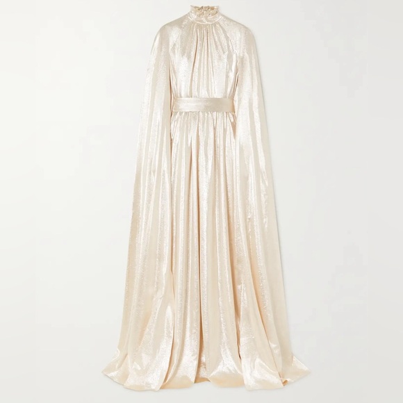 Worn Once Erdem Macie Cape Effect Belted Lamé Gown Gold Cream US 4 - Picture 2 of 11